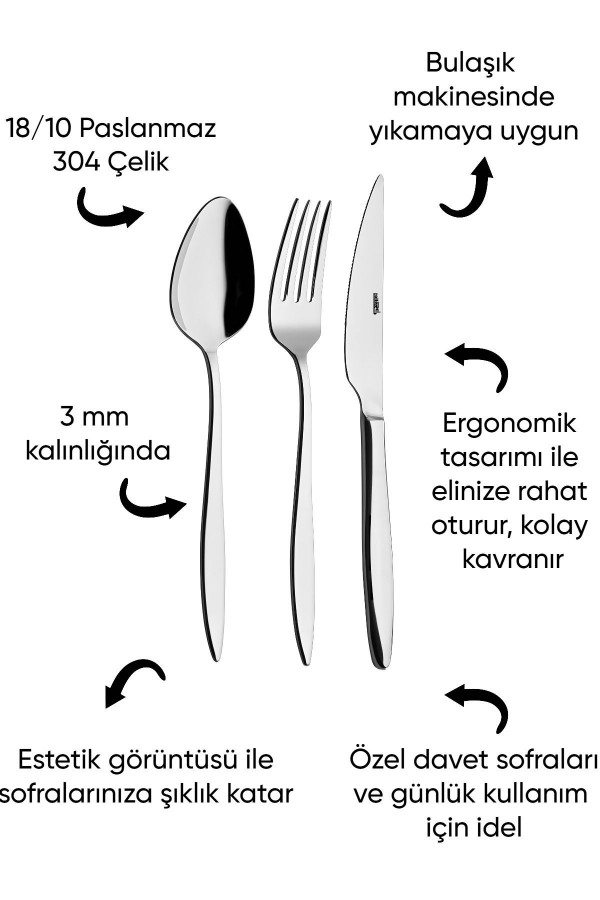 Ares - 6 Kişilik 18 Parça Yemek Çatal Kaşık Bıçak Takımı