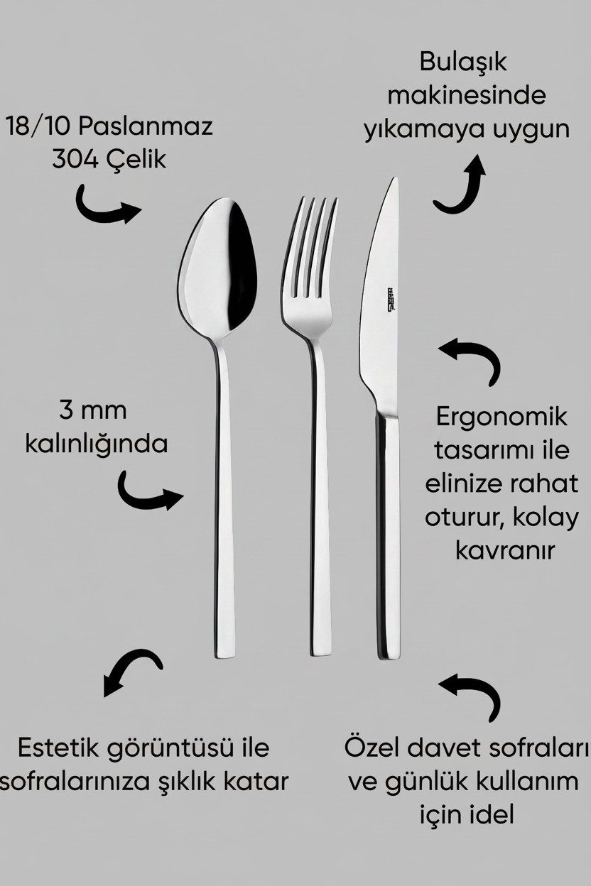 Mercan 6 Kişilik 18 Parça Kahvaltı-Tatlı Çatal Kaşık Bıçak Takımı — galeri görseli