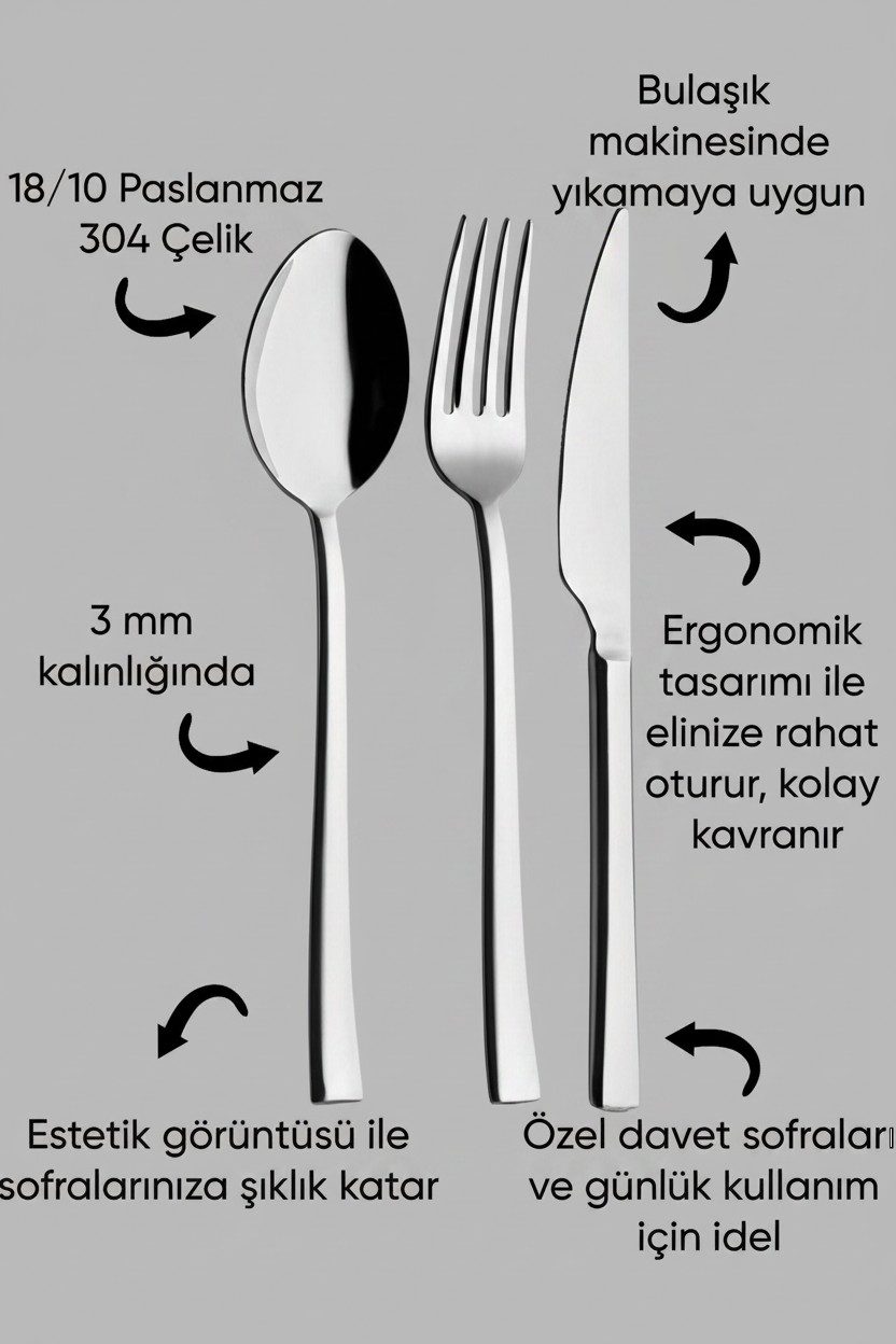 İnci 6 Kişilik 18 Parça Kahvaltı-Tatlı Çatal Kaşık Bıçak Takımı — galeri görseli